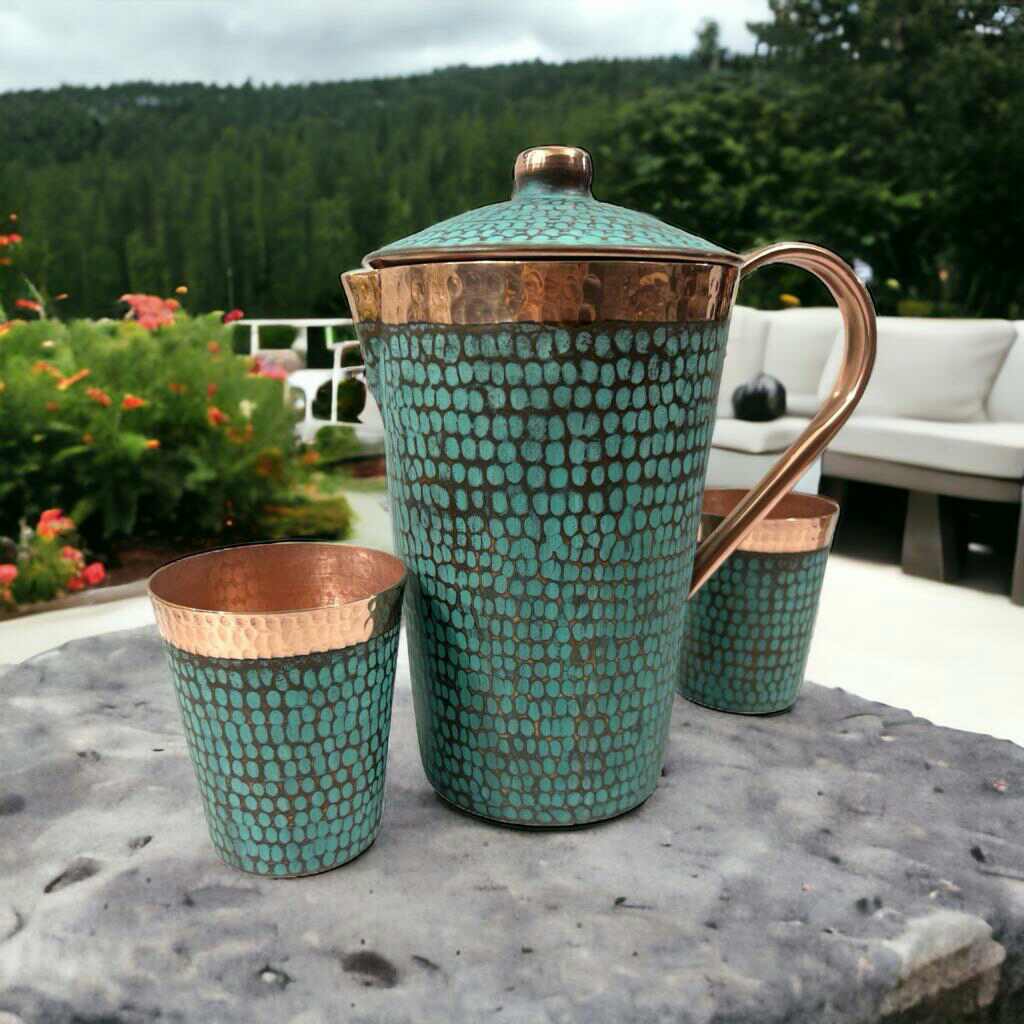 Ambiente Home Décor - Wholesale Pitcher - Set of 1 Hammered & Turquoise Copper Pitcher and 2 Tumblers2