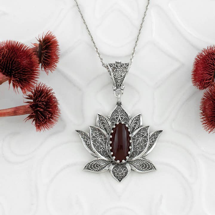 Filigranist Jewelry - Wholesale Pendant/Charm Necklace - Sterling Silver Lotus Carnelian Pendant Necklace2