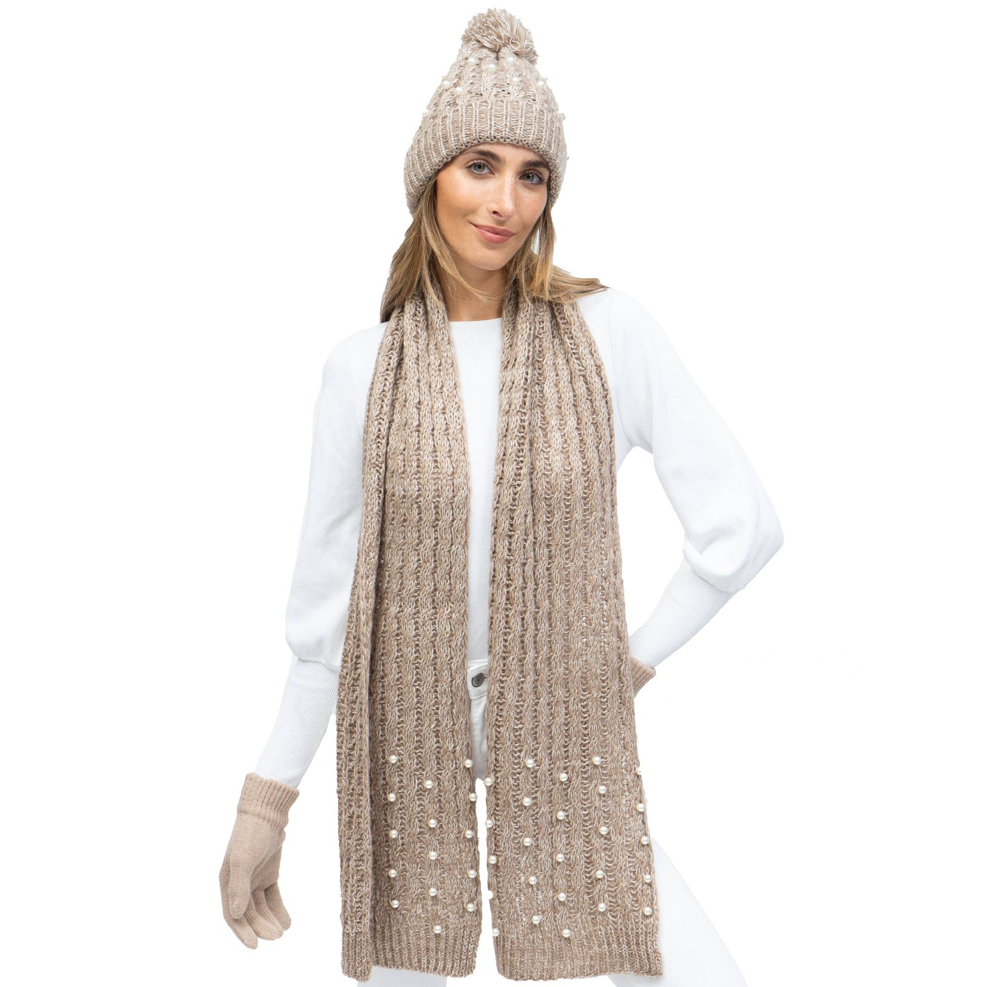 TAUPE Just Jamie 3-Piece Marled Knit Hat, Scarf, and Gloves Set with Pearls for wholesale on Faire0