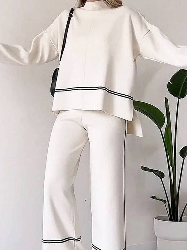 VividLux - Wholesale Top & Pant Set (NOT Loungewear) - Women's - High-Low Contrast Color Split-Side Round-Neck Sweater Top + High Waisted Pants Bottom Two Pieces Set2