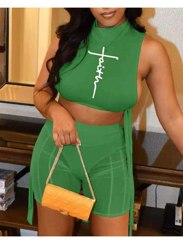 Queen Fashion - Vente Ensemble haut et jupe - Femme - ensemble de shorts en maille transparente à nouer sur le côté2