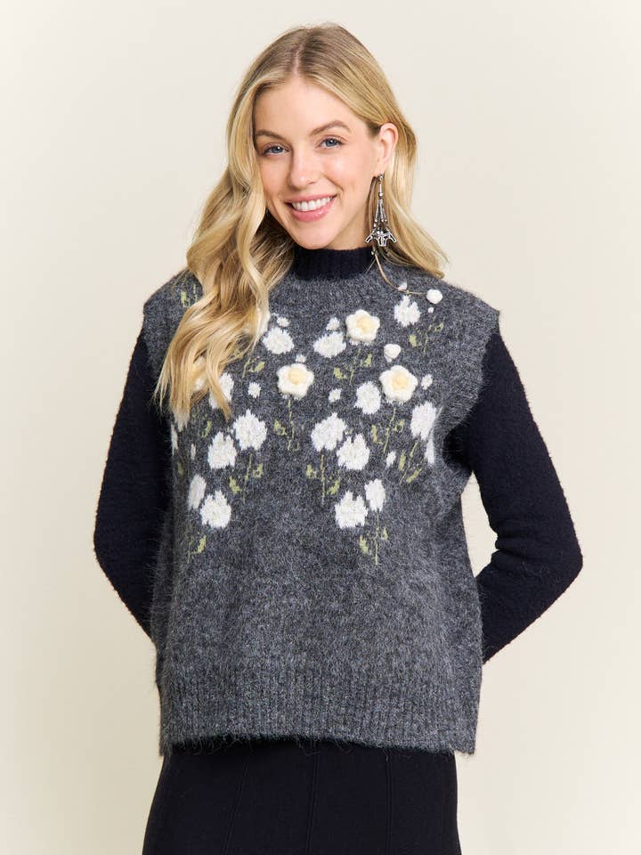 CESW4203-TEXTURED KNIT FLORAL SWEATER VEST for wholesale by ADORA LA