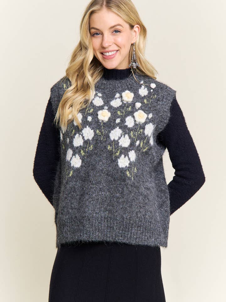 CESW4203-TEXTURED KNIT FLORAL SWEATER VEST for wholesale by ADORA LA