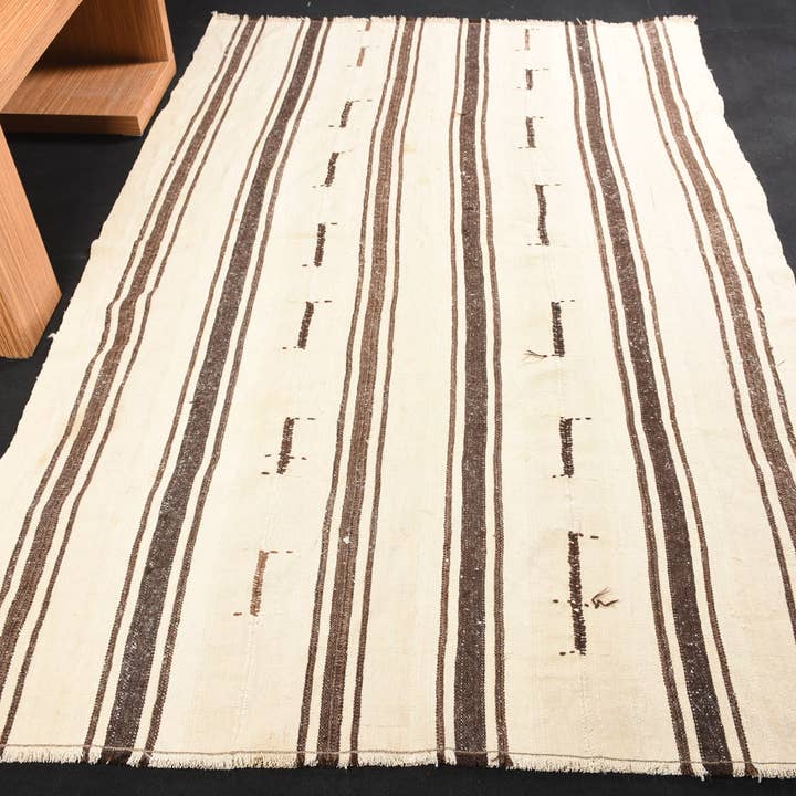 Rustic Woven Rug, Beige & Brown Striped Fringed 5.1x7.9 Ft for wholesale by Vintage Rugs Loom