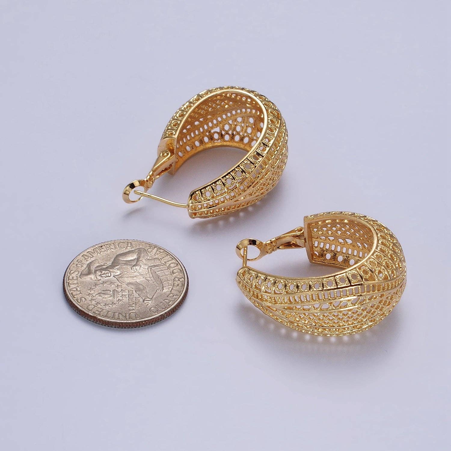 Aim Eternal - Wholesale Hoop Earrings - 25mm Gold Filigree-Patterned Dome Hoop Earrings2