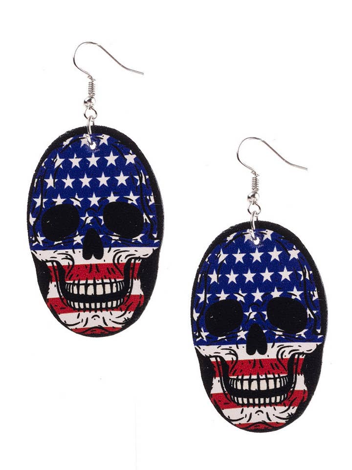 American Flag Skull Leather Earrings E4946 for wholesale by Ole