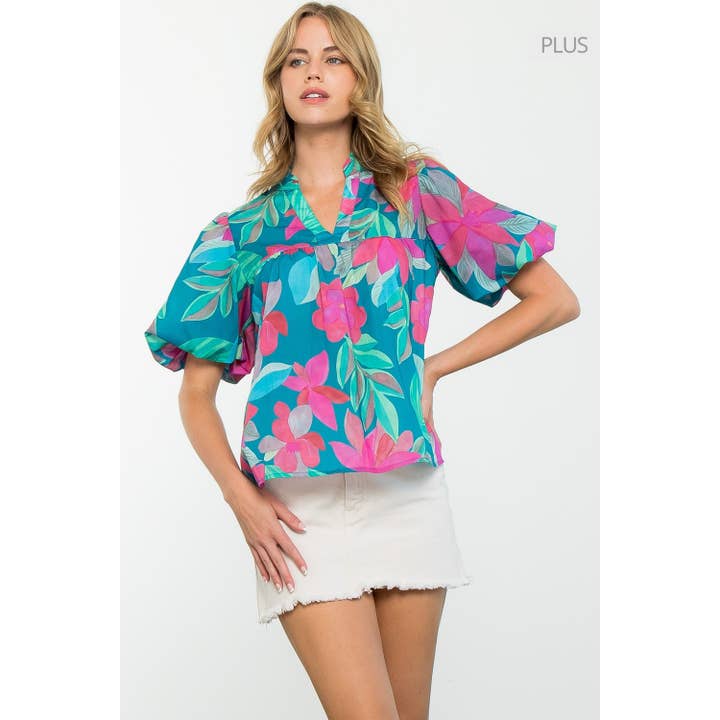 /Size XL/ Teal Puff Sleeve Top with Bold Pink and Green Flor for wholesale by THML