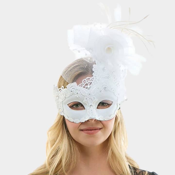 Máscara de Halloween com Aplique de Renda em Detalhe de Penas de Flor em Malha por atacado de Sensibling Corp.