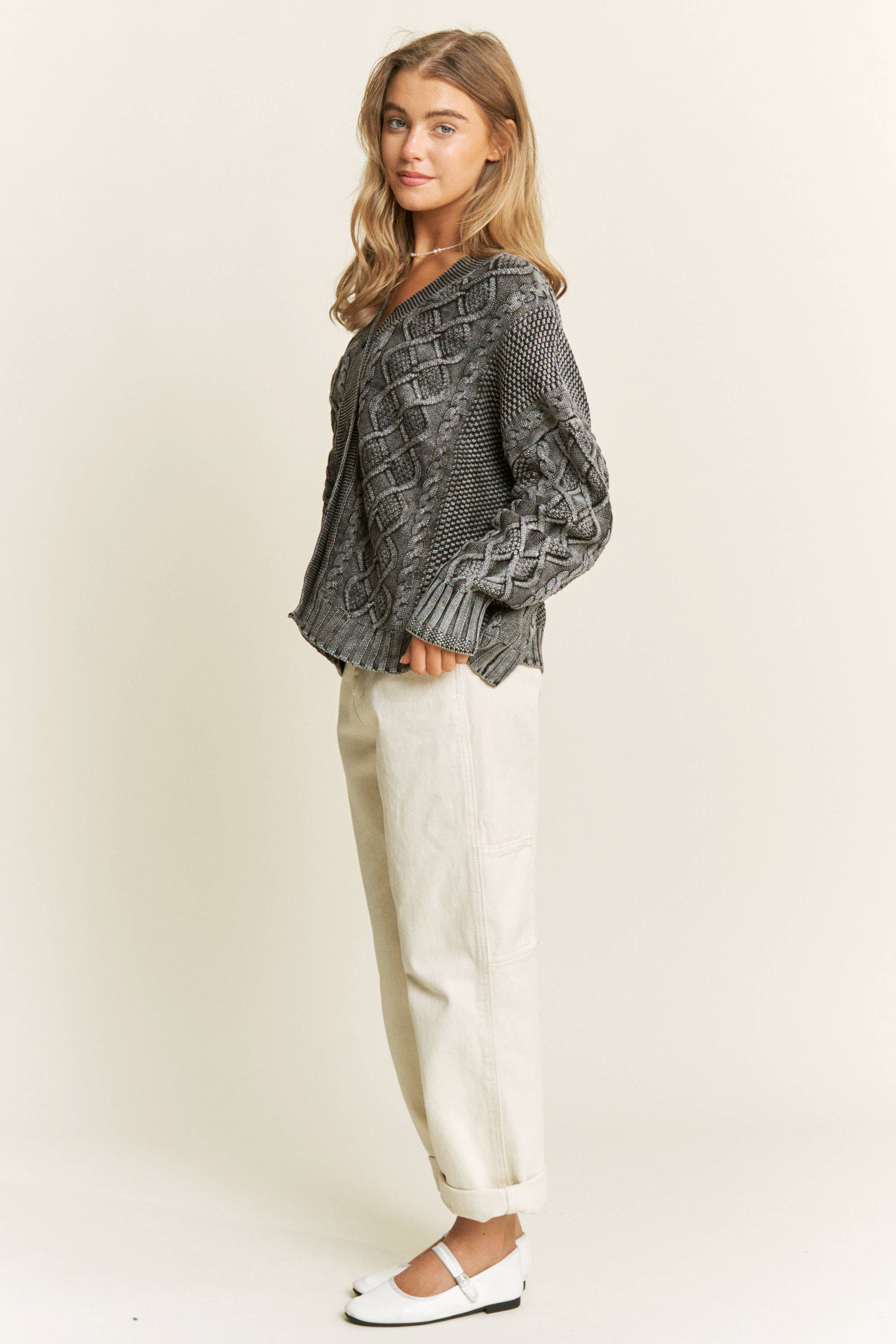 Sweet Generis - Wholesale Cardigan - Women's - WASHED VINTAGE CABLE KNIT CARDIGAN19