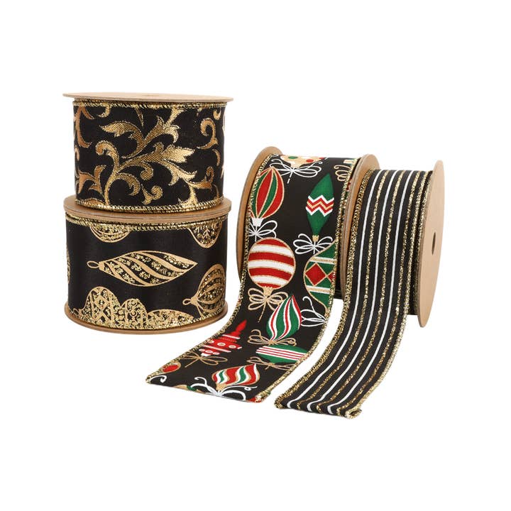 LA Ribbons Wholesale - Wholesale Ribbon - Gift Wrapping - 2 1/2" Wired Ribbon | "Holiday Ornament" Black/Multi | 10 Yard Roll
5