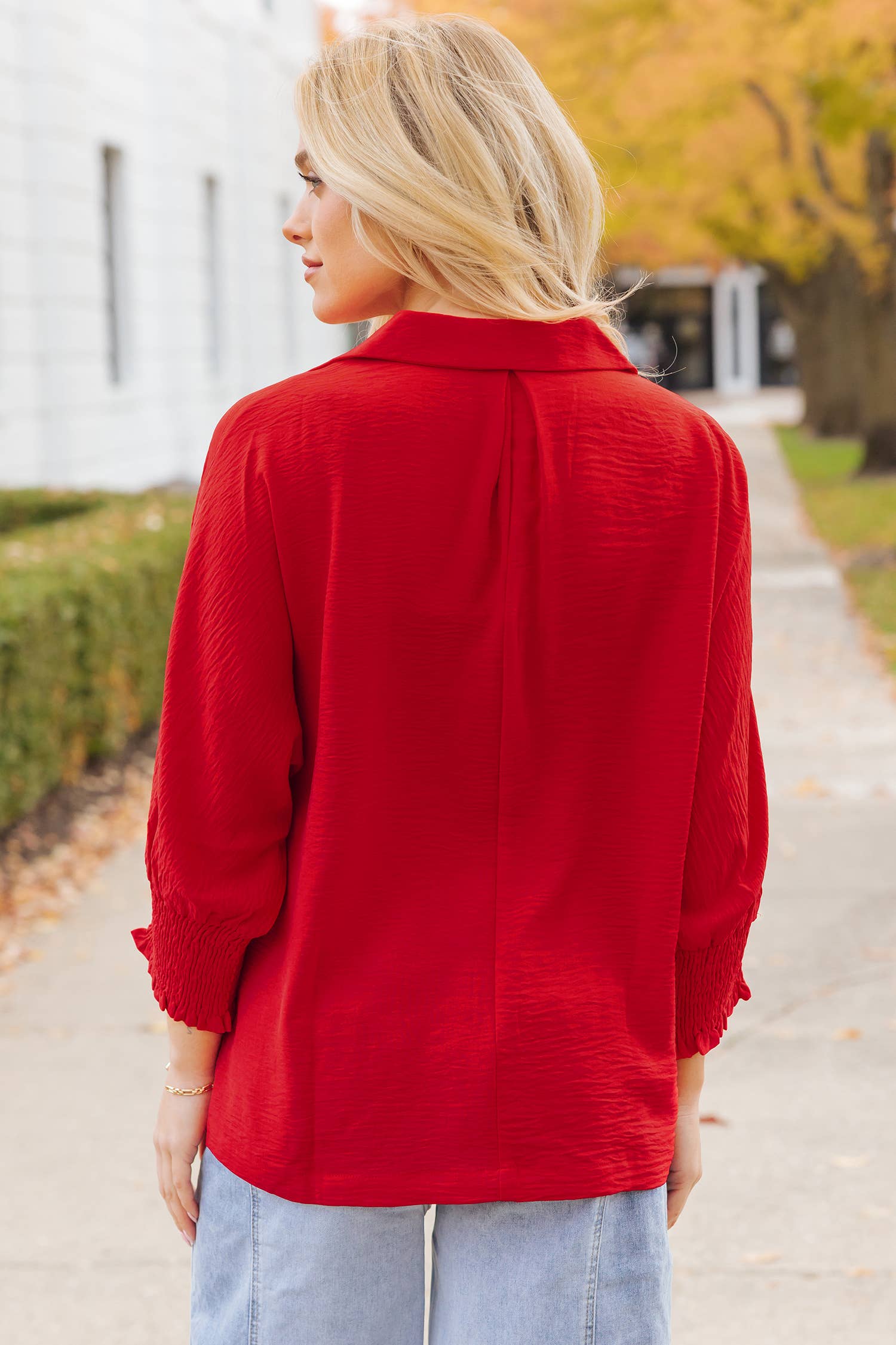 As shown Red Shirred Collared 3/4 Sleeve Oversize Tunic Top  | S-4X for wholesale on Faire9