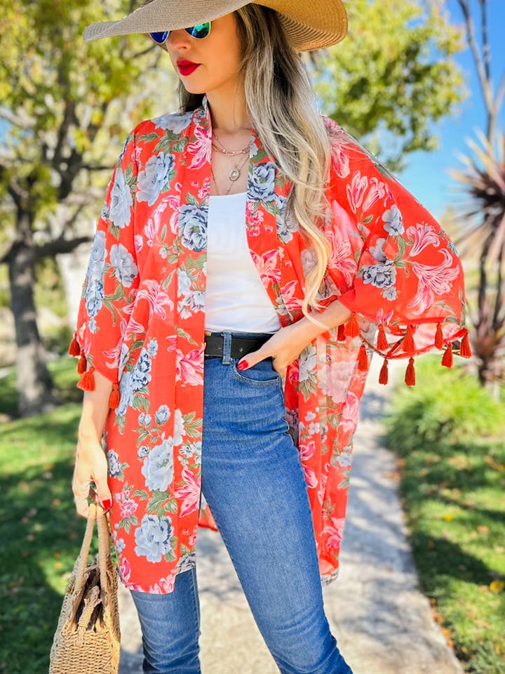 Coral Floral Print 3/4 Sleeve With Tassel Chiffon Kimono for wholesale on Faire
