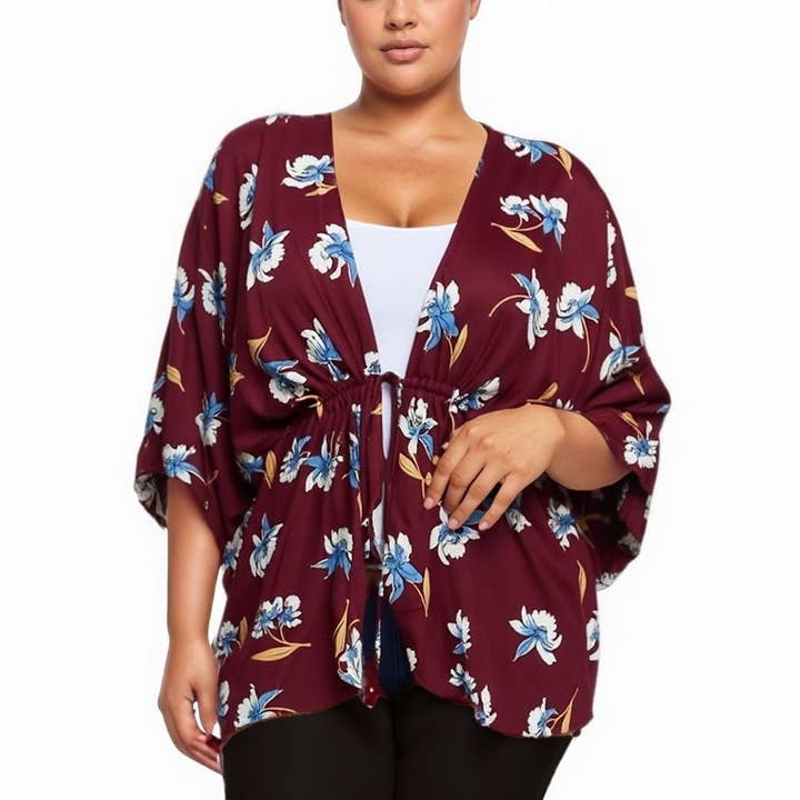 Pleione Plus Size Floral Batwing Kimono Cardigan in Burgundy for wholesale by Robin K
