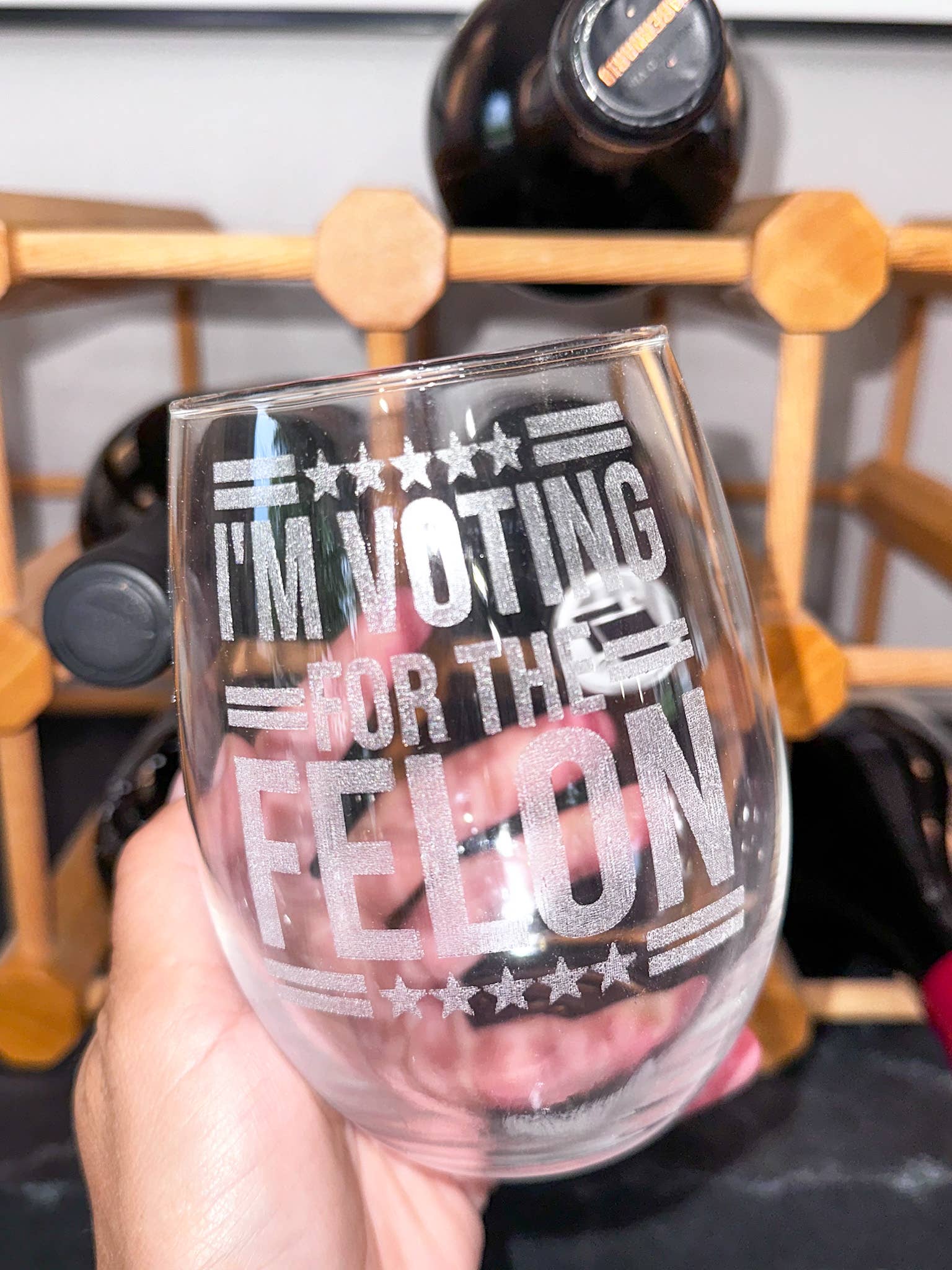 Acential Drinkware – wholesale Wine glass – Voting For A Felon Wine Glass, Trump Glassware1
