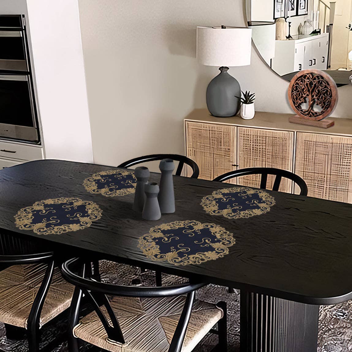 Decozen - Wholesale Placemat - Vintage Opulence – Gold Lace Blue Round Doilies, The Vintage Opulence Collection European Embroidery Décor 15 inch5