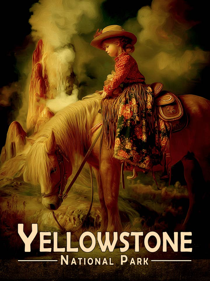 Young Cowgirl by Geyser Yellowstone National Park Souvenir Art Print - 8"x10" Artwork for wholesale by Mowbi