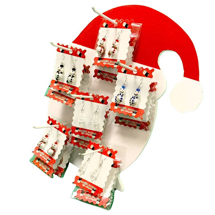 Boucles d'oreilles pendantes en forme de bonhomme de neige de Noël, 36 pièces, avec présentoir pour la vente par Fiona Accessories