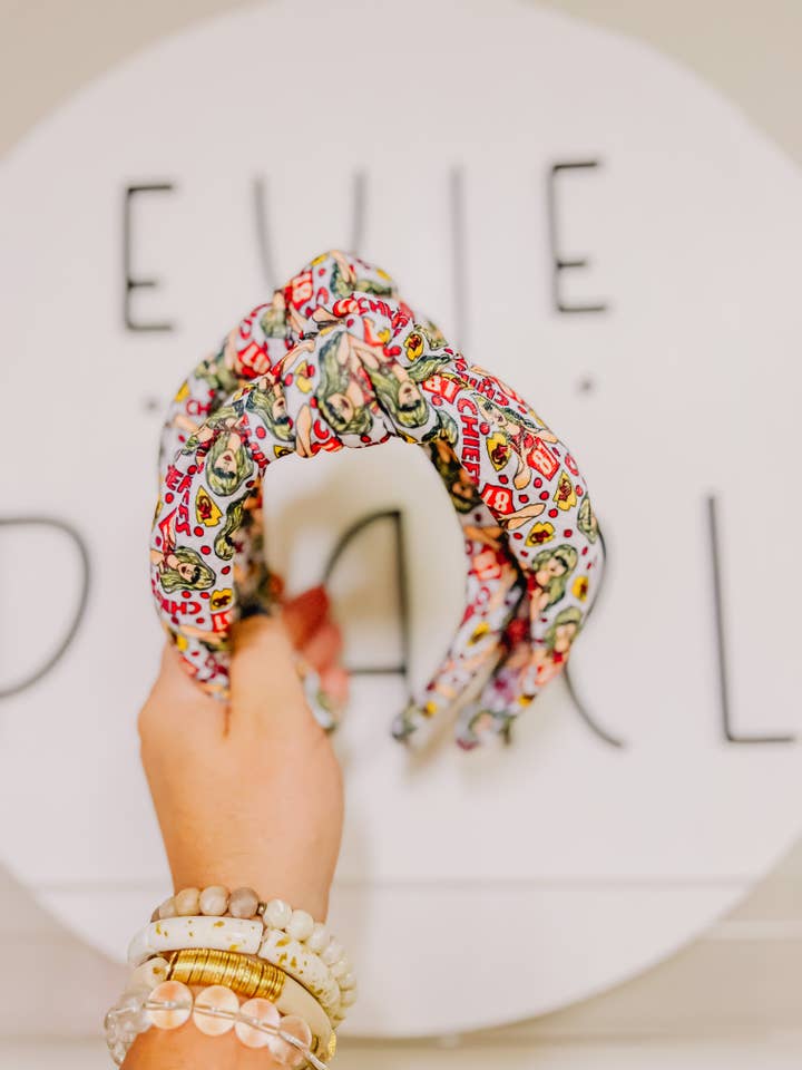 Taylor Swift KC Chiefs 87 Travis Kelce Knotted Headband for wholesale by Evie Pearl Handmade LLC