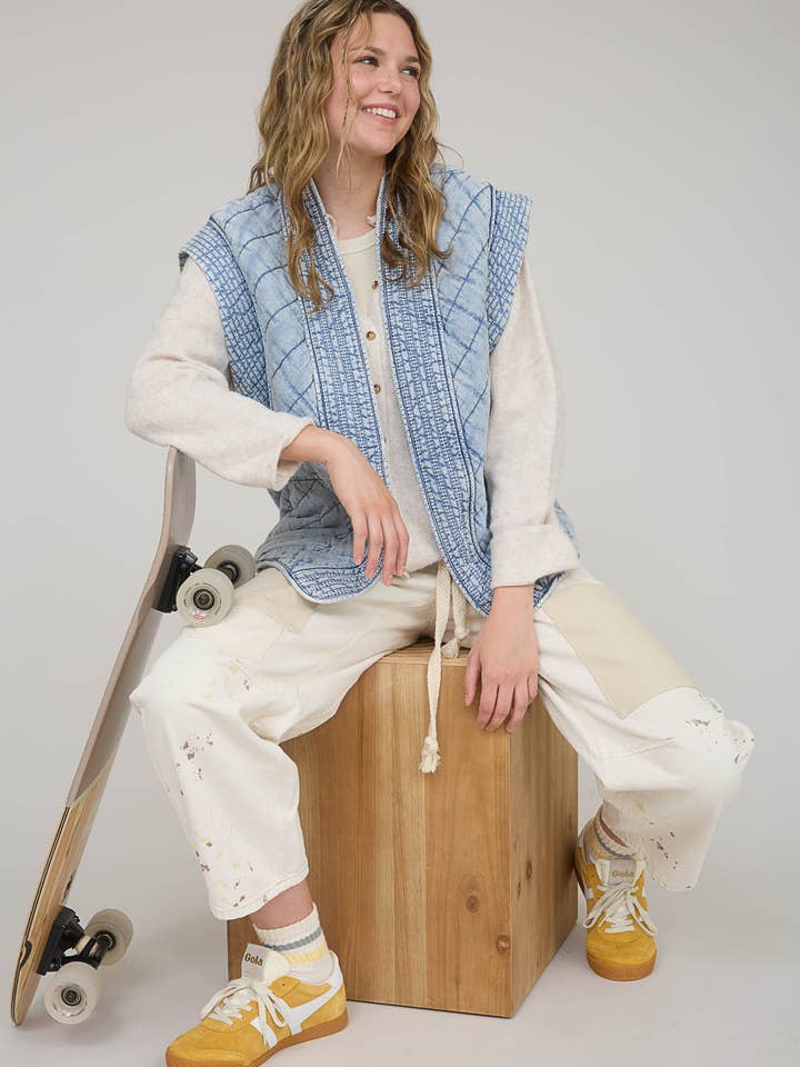 WASHED DENIM QUILTED SHAWL VEST for wholesale on Faire6