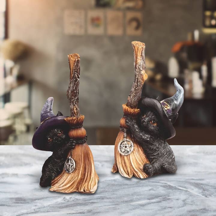 FC Design - Wholesale Decorative Figurine - 2-PC Set 4.5"H Black Cat Broom Set Figurine Home Decor Gifts