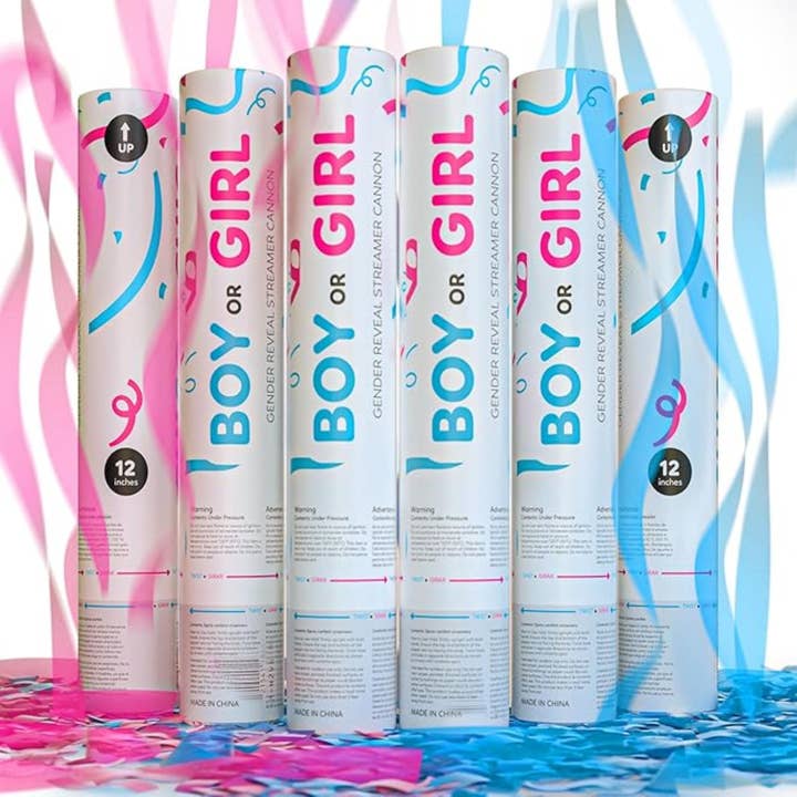 Canon à serpentins pour révélation de genre | Lot de 6 | 3 bleus et 3 roses pour la vente par TUR Party Supplies