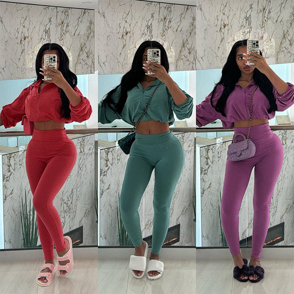 MB Fashion Wholesale - Wholesale Activewear Set - Women's - MB FASHION Zip-Up Crop Jacket & High-Waist Leggings Set 1552LY23