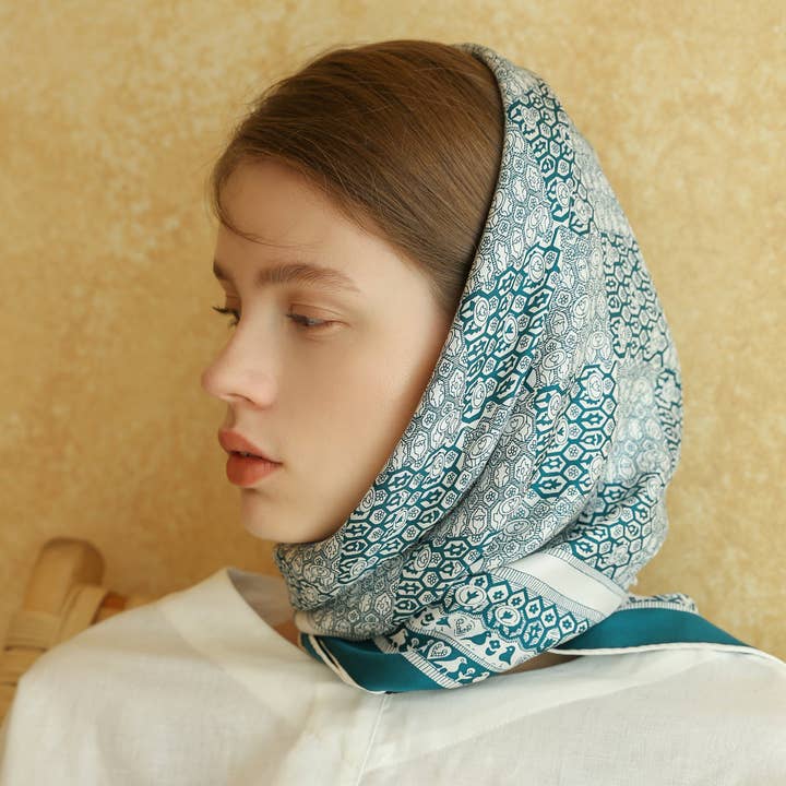 90 Turquoise Large Square Silk Scarf for Women | Hand-Rolled Hems | Luxury Silk Head Scarf with Birds & Flowers Print for wholesale by LuluLane