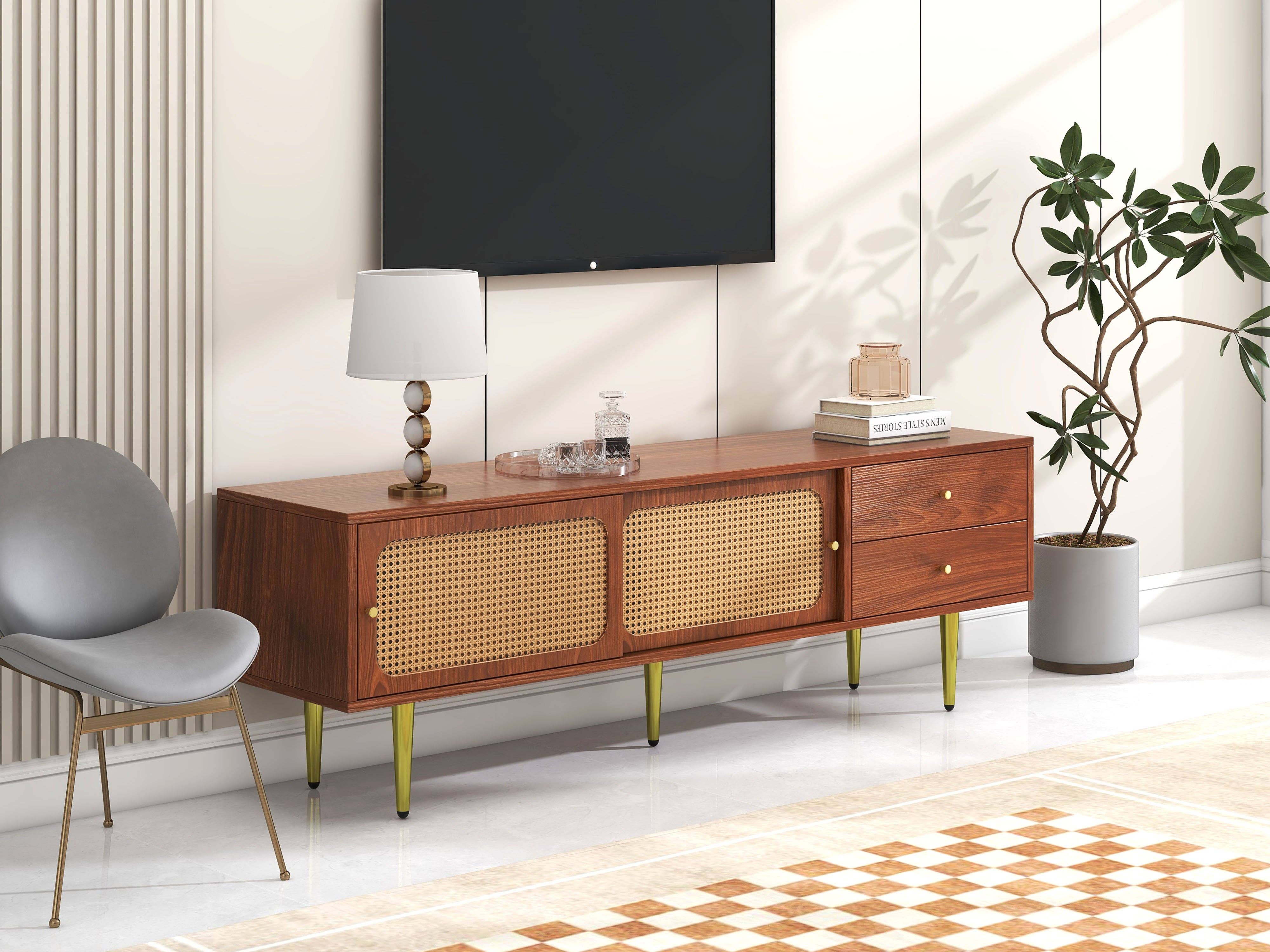 Urban Meuble - Wholesale Console Table - Dark wood effect rattan TV stand with 2 sliding doors, 2 drawers, and gold legs IZEID2