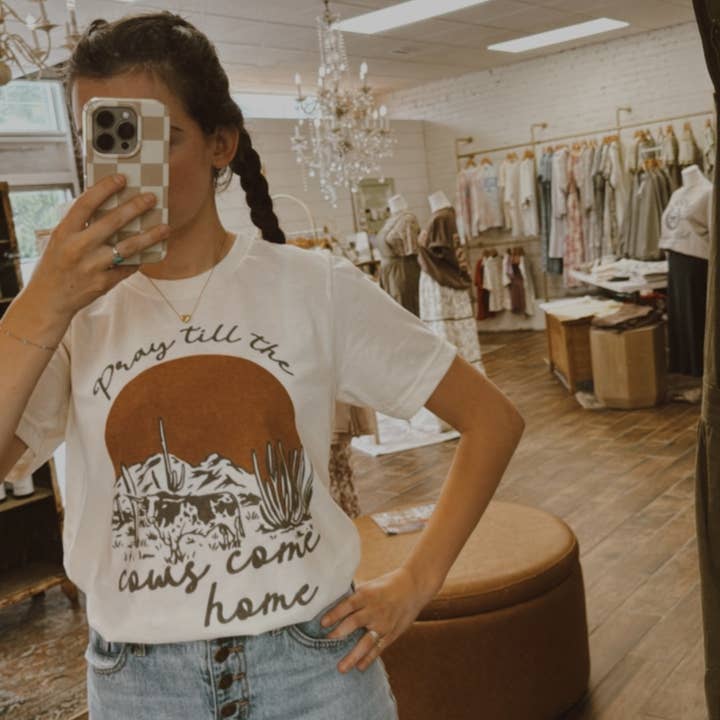 Pray Till The Cows Come Home Graphic Tee for wholesale by Amy Anne Apparel Inc