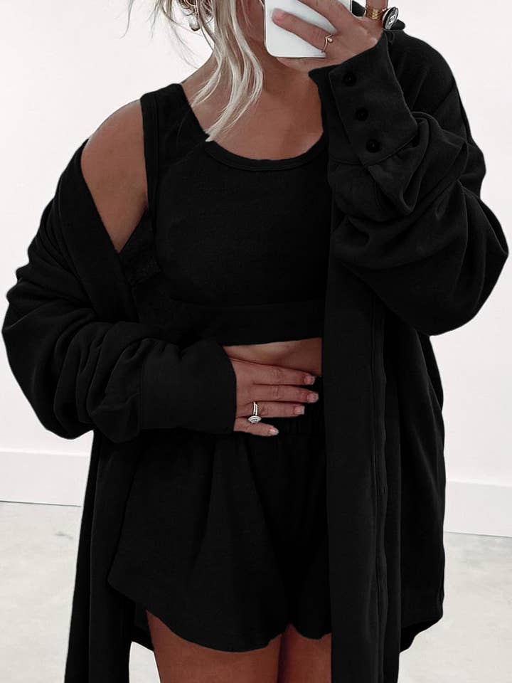 3 Pcs Crop Tank Top Shorts with Cardigan Lounge Set for wholesale by Secret Style Source