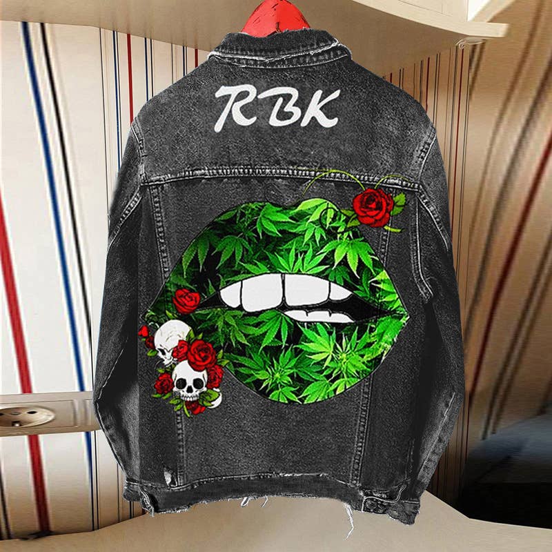 Tourtiwi - Wholesale Denim Jacket - Women's - Women's skull rose green lips denim jacket3