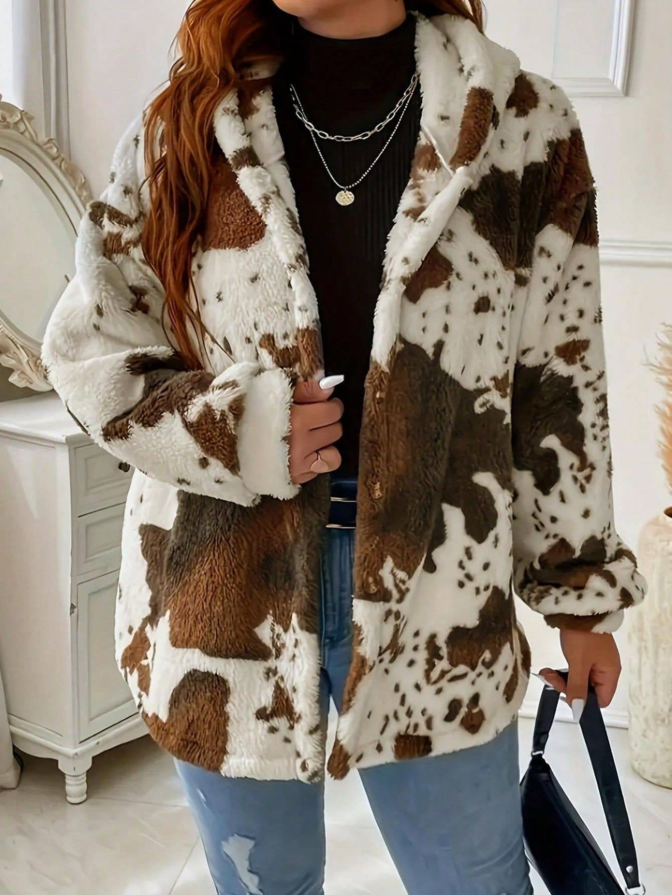 BROWN FASHION PLUSH FEMALE COW PRINT ZIPPER HOODIE for wholesale on Faire2