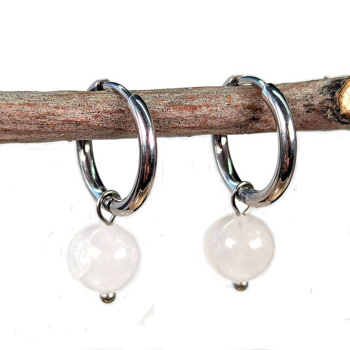 18K Real Gold Plated Stainless Steel Huggie Hoop White Jade 8mm Gemstone Earrings for wholesale by Stylish Jewelry Supply