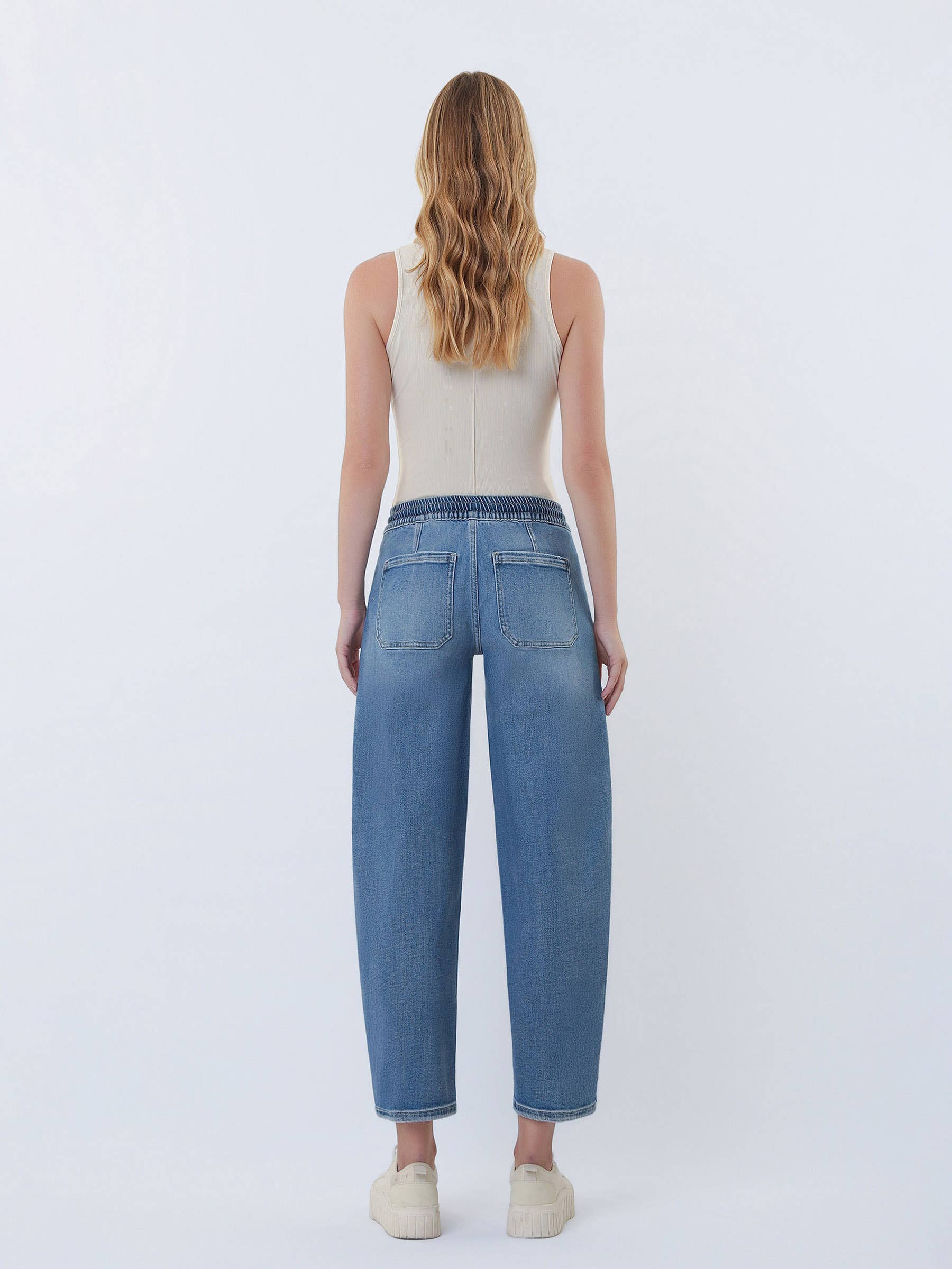 UPSTANDING HIGH RISE ELASTIC WAISTBAND WIDE BARREL JEANS V3648 for wholesale on Faire7
