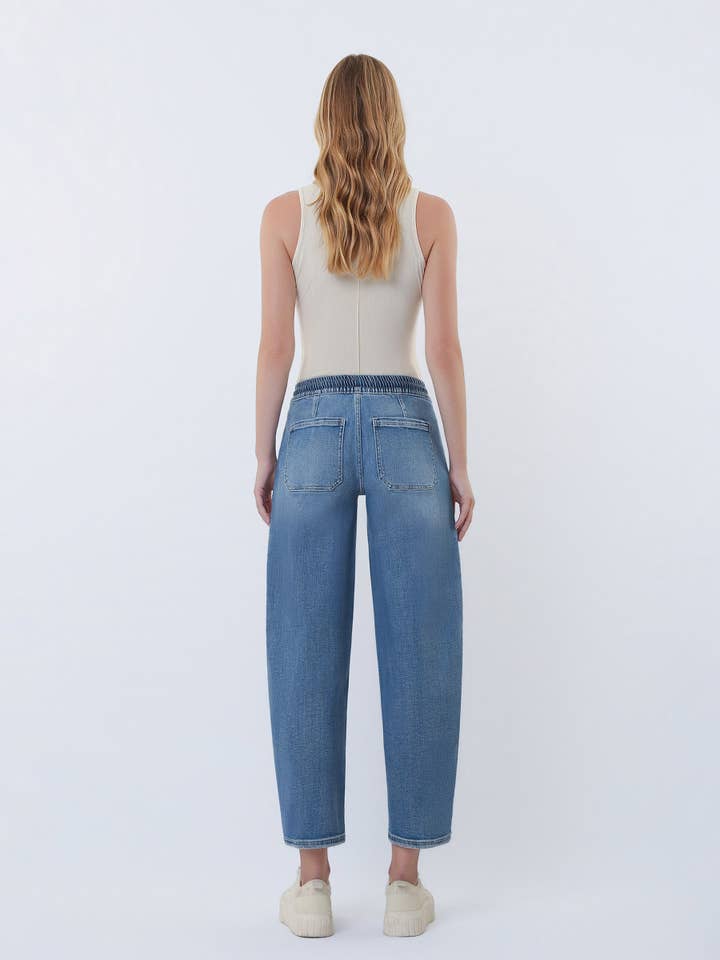 UPSTANDING HIGH RISE ELASTIC WAISTBAND WIDE BARREL JEANS V3648 for wholesale on Faire7