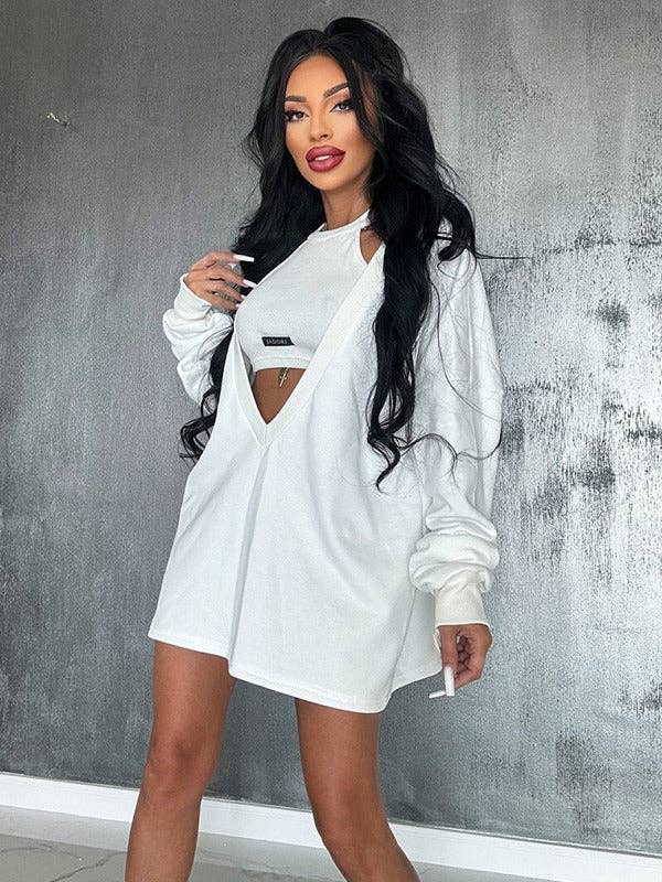 KAKI Completo due pezzi: mini abito e top smanicato a girocollo in tinta unita, vestibilità ampia in vendita all'ingrosso su Faire7