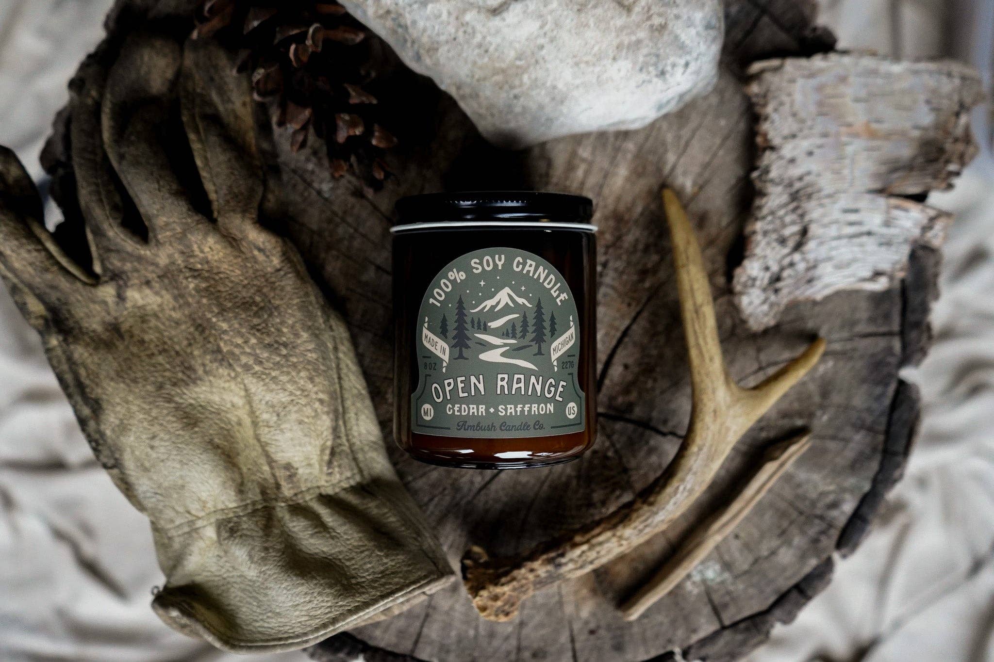Ambush Candle Co. - Wholesale Jar/Filled Candle - Open Range | Cedar + Saffron 8oz Soy Candle2