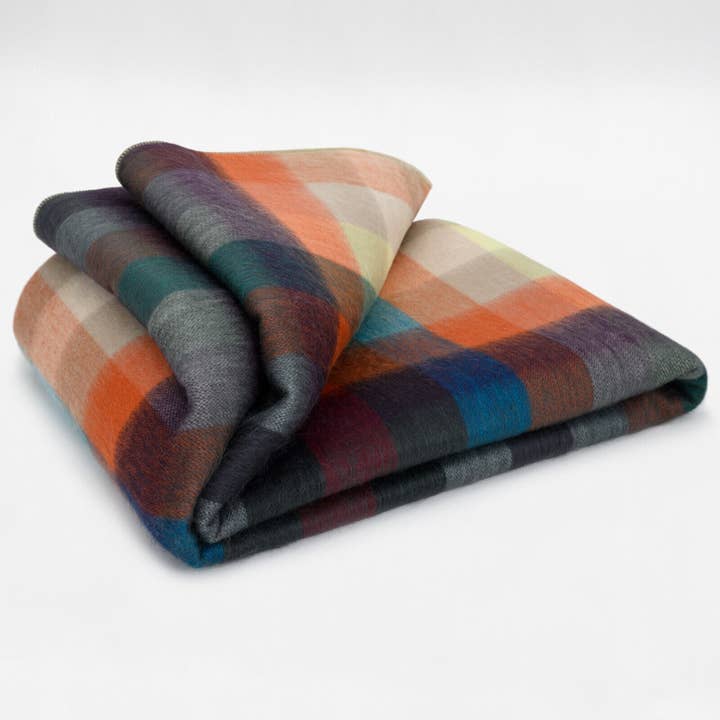 ECUALAMA - Wholesale Throw Blanket - Anzu - Baby Alpaca Wool Throw Blanket / Sofa Cover - Queen 96 x 66 in - Multicolor Checker Plaid In Orange Blue Brown