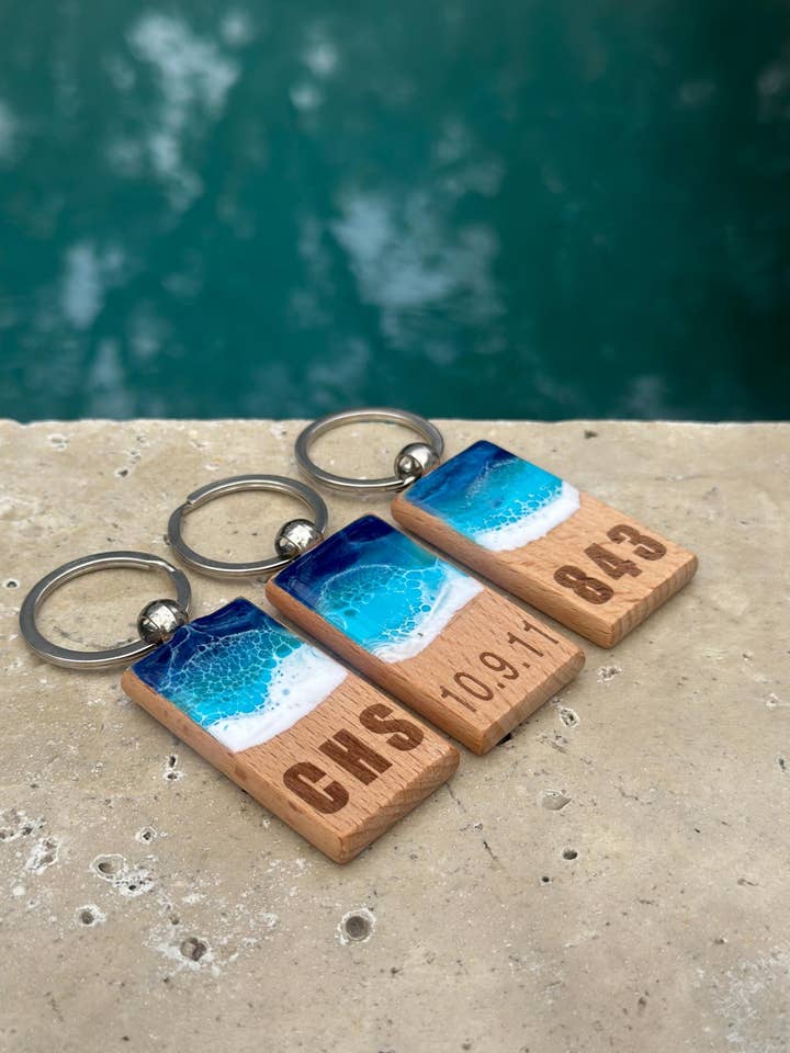 Personalized Wooden Keychain with Resin Waves for wholesale by Artful Nests
