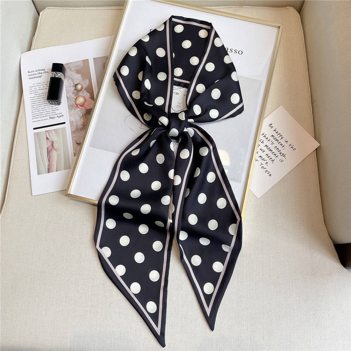 ACCITY - Wholesale Head Scarf - Women's - POLKA DOT SIMPLE GEOMETRIC LONG SILK HEAD SCARF_CWASC15190