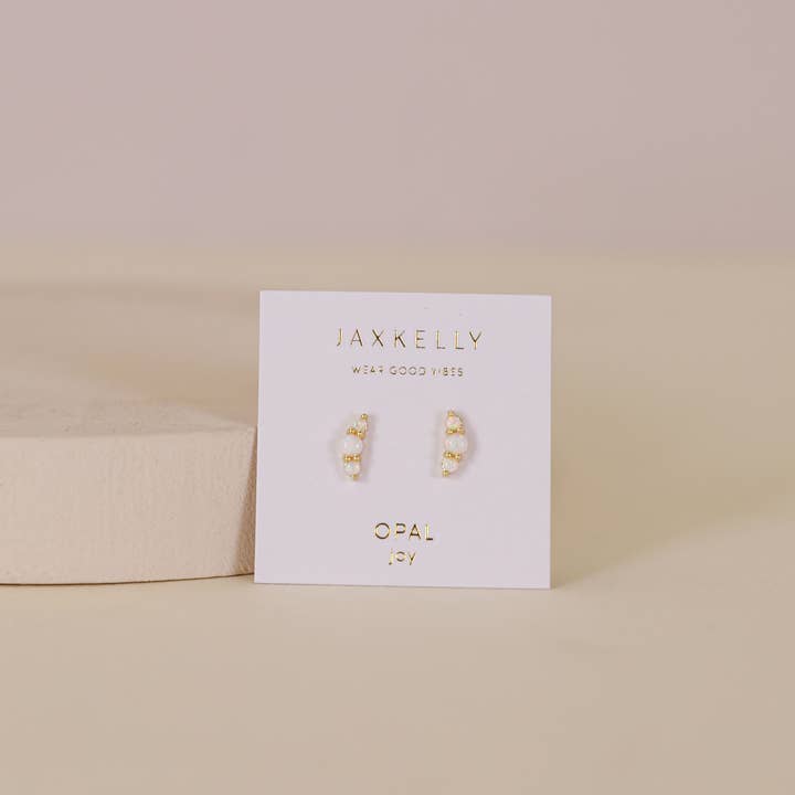 JaxKelly - Vente Clous d'oreille - Boucles d'oreilles en forme de croissant en or - Opale blanche1