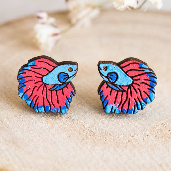 Hand-painted Siamese Fighting Fish Stud Earrings Eco-jewellery - PES13040 for wholesale by Robin Valley