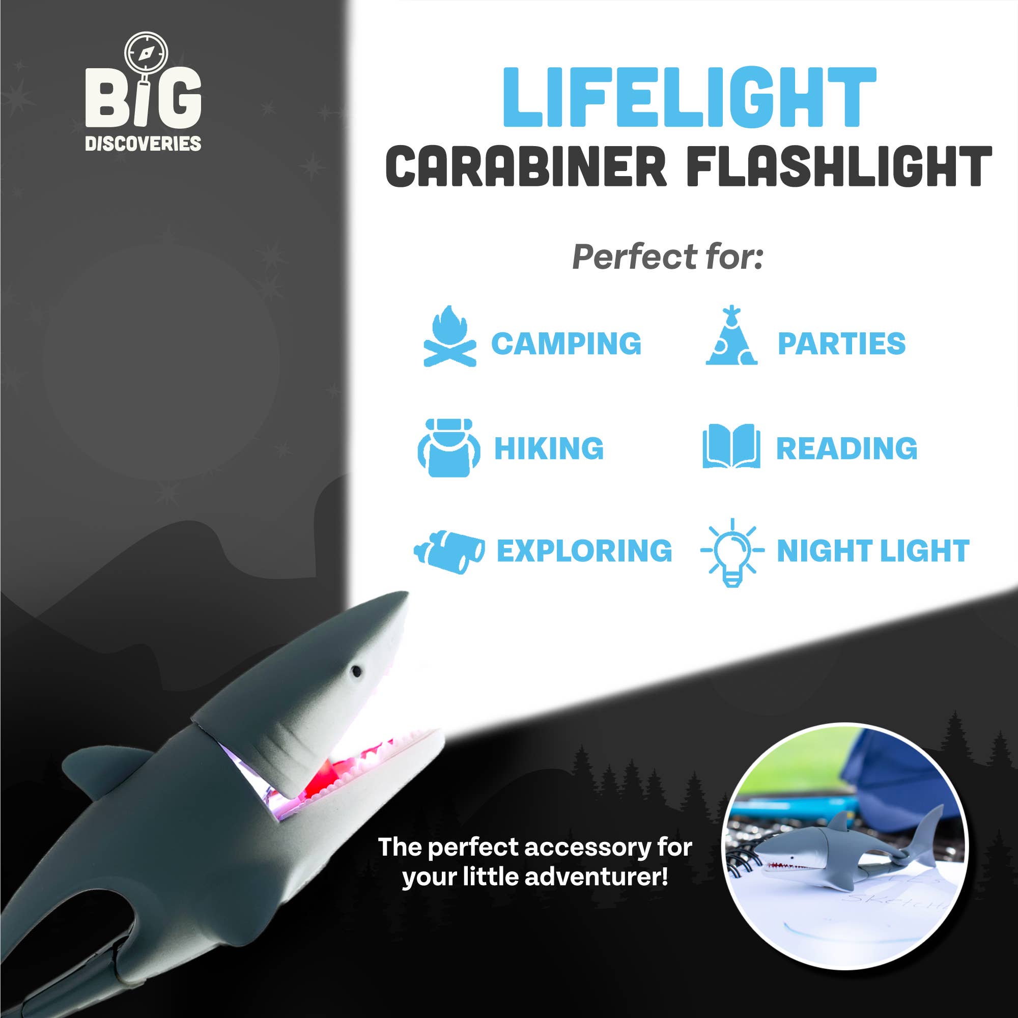 Big Discoveries / Sun Co. - Wholesale Light-Up Toy - Kids & Baby - LifeLight Animal Carabiner Flashlight - Shark7