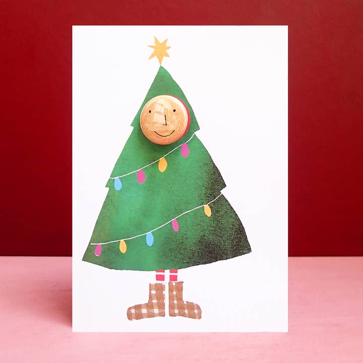Christmas Tree Costume - Greeting card with badge for wholesale by The Black Rabbit