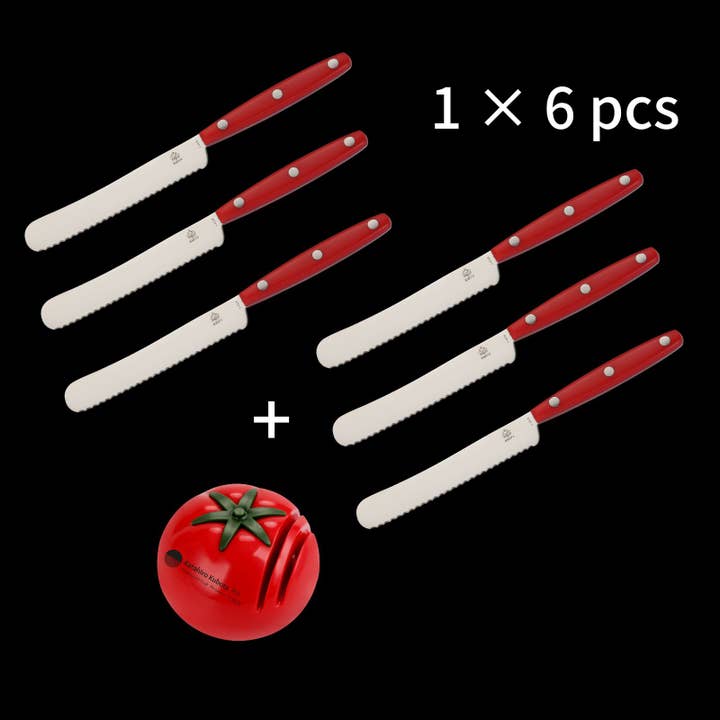 7 pcs set- 6 PUMA butter knives w/red ABS & roller sharpener for wholesale by Ed Mahony