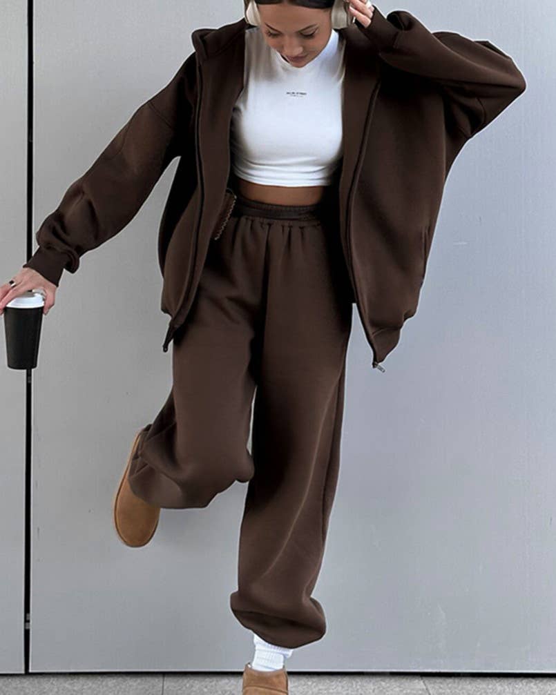 HIDDENBRAND - Wholesale Top & Pant Set (NOT Loungewear) - Women's - Sporty Hooded Sweatshirt Cardigan Trousers Two-Piece Set7