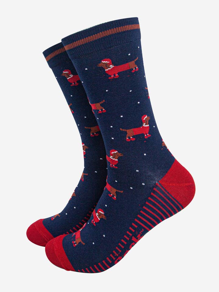 Men's Bamboo Socks - Navy Blue/Red, Santa Sausage Dog for wholesale by Sock Talk