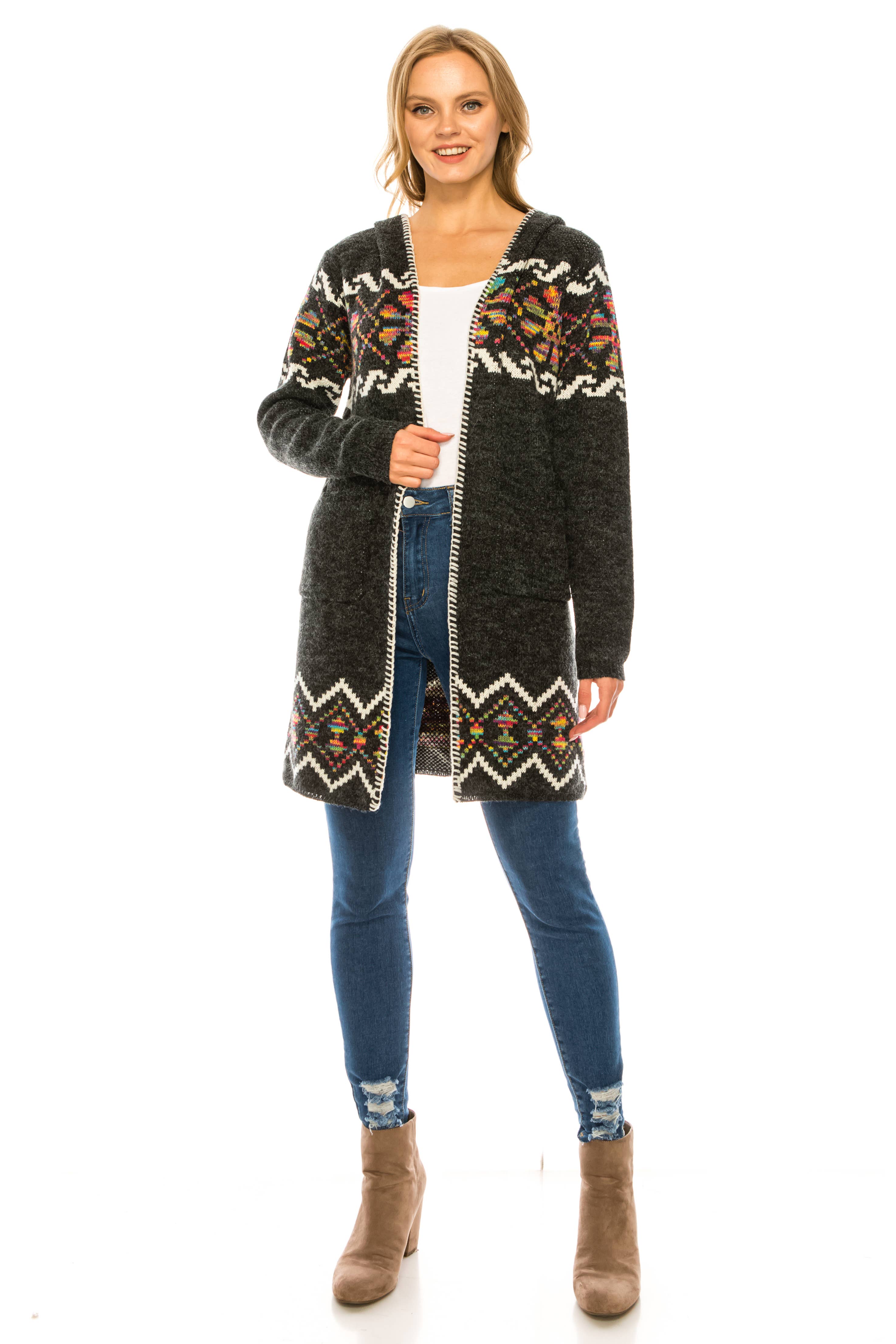 Oceanus Apparel - Wholesale Cardigan - Women's - OUG81327 Hooded floral patterned knit long cardigan sweater2