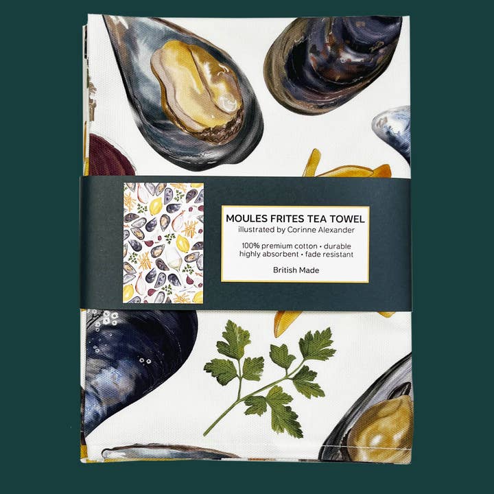 Moules Frites Tea Towel - British Made - Cotton - Seaside for wholesale by Corinne Alexander