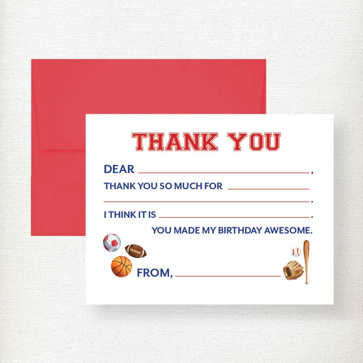 Kids Sports Fill in Thank You Note Card for wholesale by Kramer Drive